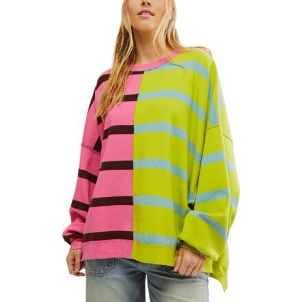 Free People Uptown Oversized Striped Pullover Sweater Womens Medium Pink Green
